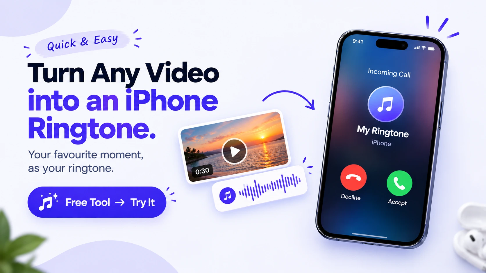 把视频的音频转换成自定义 iPhone 铃声 —— 一段剪辑过的视频片段变成一个 .m4r 文件，作为 iPhone 来电铃声播放